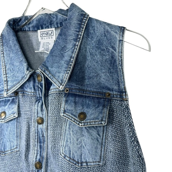 VINTAGE PBJ BLUES Size Large Washed Blue Button Down V-Neck Vest Cable Knit - Picture 2 of 8